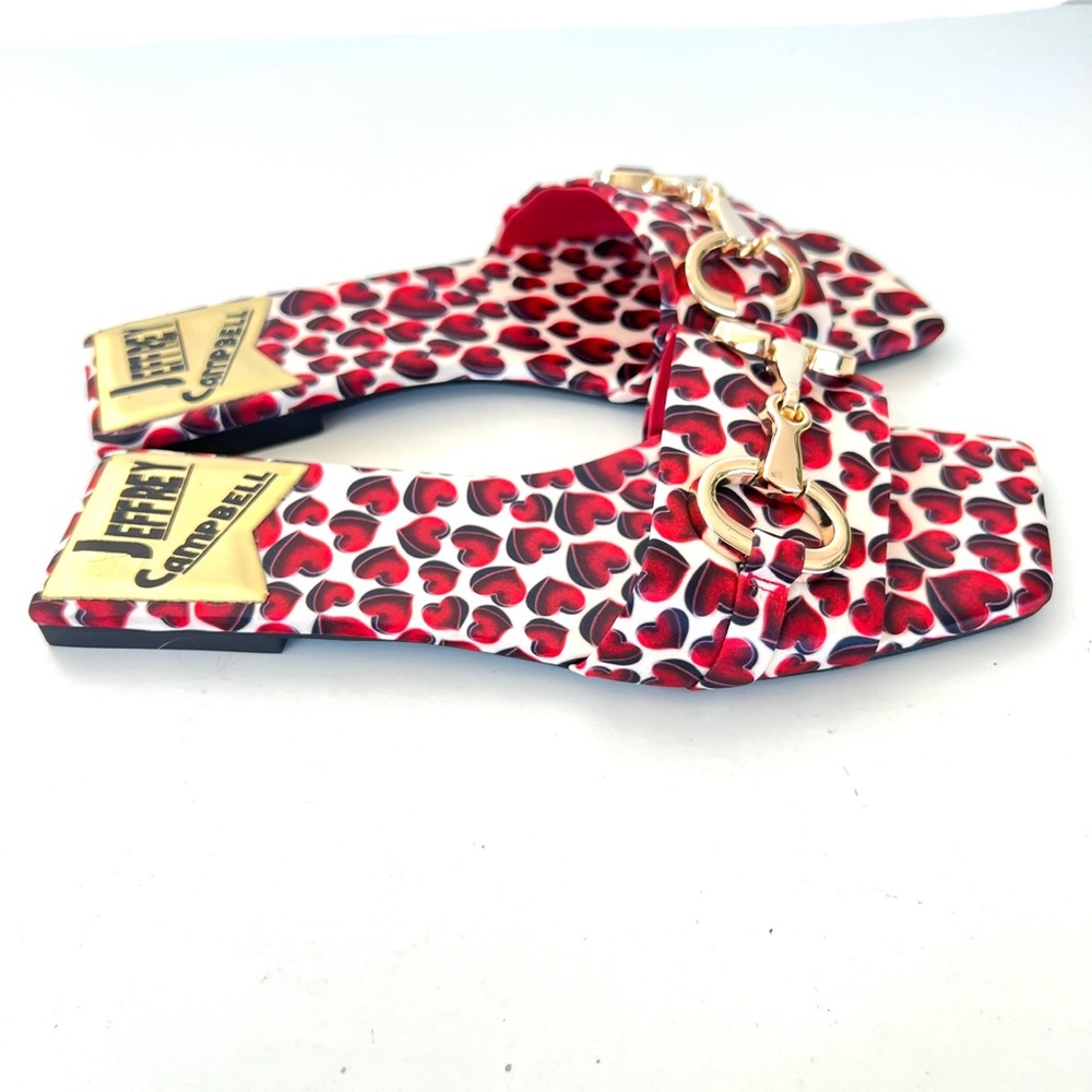 JEFFREY CAMPBELL Chantria Red Hearts Gold Buckle Flats Slides Sandals Sz 8 NWOB - Picture 2 of 11